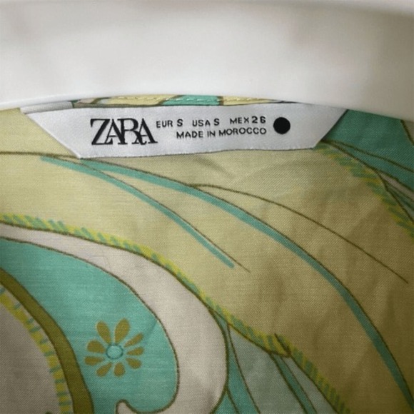 Zara Women's Paisley Crop Top Green Ruched Long Sleeve Blouse Size‎ Small 70s - Picture 5 of 12